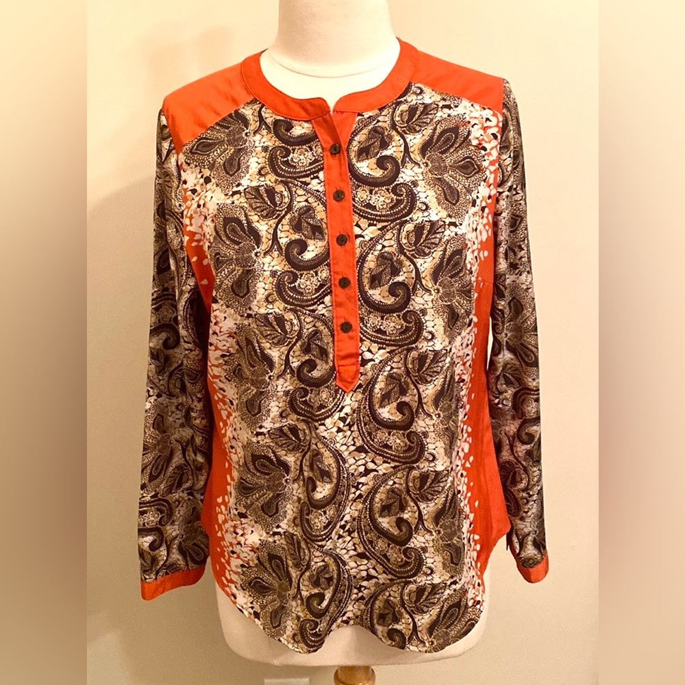 Liz Claiborne Petite Burnt Orange Brown Paisley Long Sleeve Casual Top Size LP